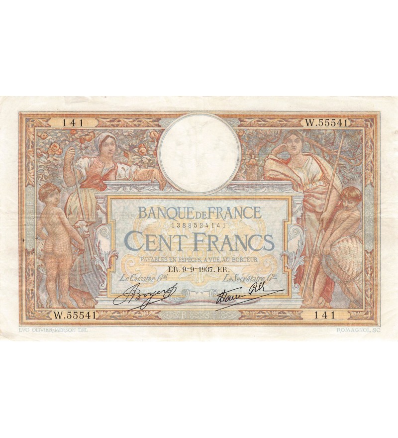 FRANCE, LUC-OLIVIER MERSON - 100 FRANCS 09/09/1937 - TTB