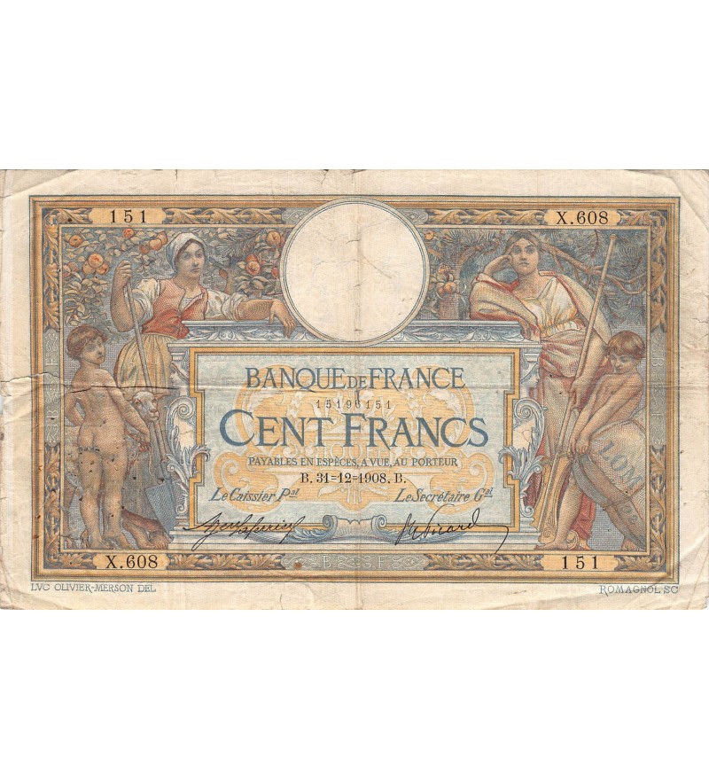 FRANCE, LUC-OLIVIER MERSON - 100 FRANCS 31/12/1908 - PTB