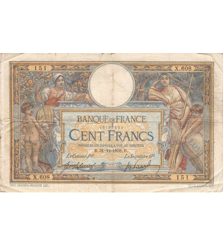 FRANCE, LUC-OLIVIER MERSON - 100 FRANCS 31/12/1908 - PTB