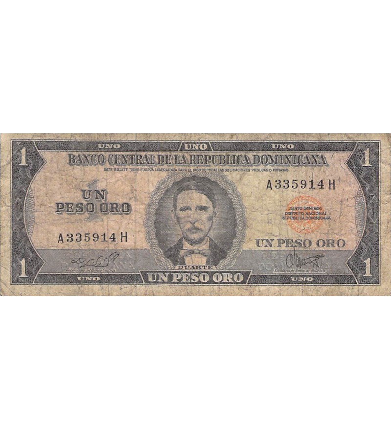 REPUBLIQUE DOMINICAINE, J. P. DUARTE - 1 PESO ORO 1964 / 1973 - B+