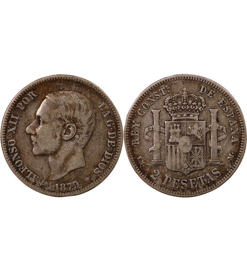 ESPAGNE, ALPHONSE XII - 2 PESETAS ARGENT 1879 EM M