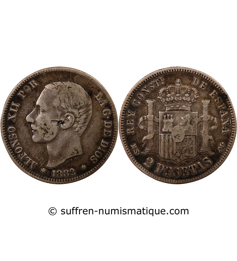 ESPAGNE, ALPHONSE XII - 2 PESETAS ARGENT 1882 EM M