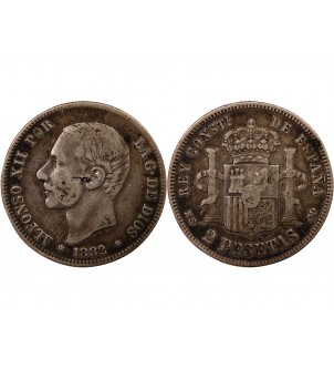 ESPAGNE, ALPHONSE XII - 2 PESETAS ARGENT 1882 EM M 2
