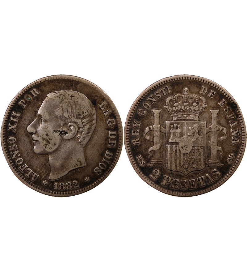 ESPAGNE, ALPHONSE XII - 2 PESETAS ARGENT 1882 EM M