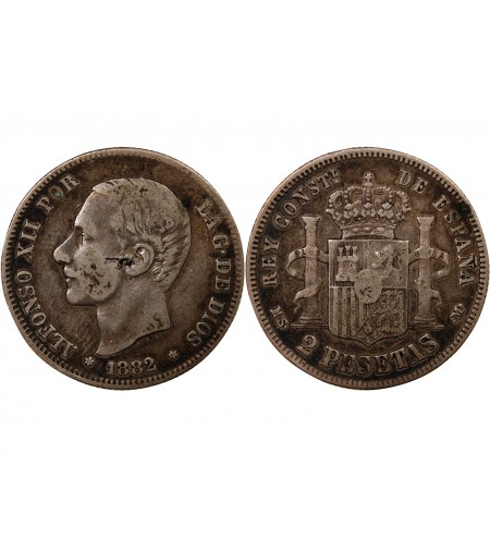 ESPAGNE, ALPHONSE XII - 2 PESETAS ARGENT 1882 EM M