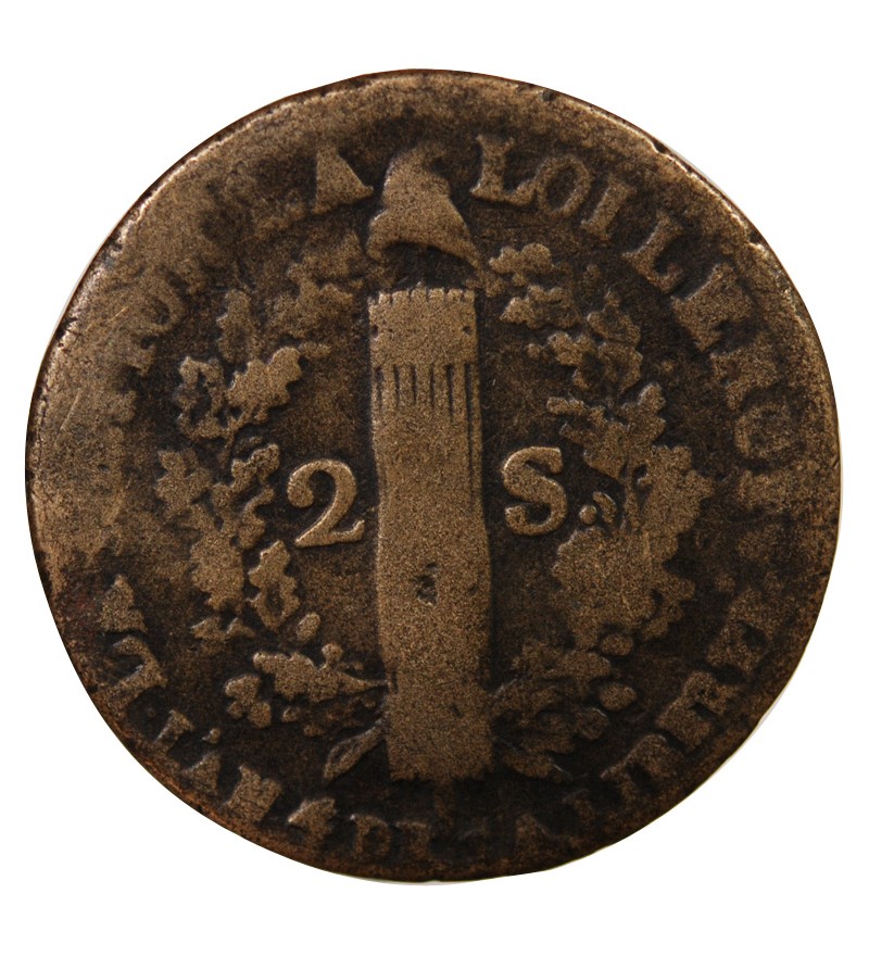 LOUIS XVI, CONSTITUTION - 2 SOLS AU FAISCEAU 1792 W LILLE