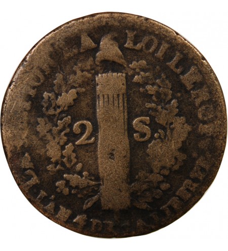 LOUIS XVI, CONSTITUTION - 2 SOLS AU FAISCEAU 1792 W LILLE