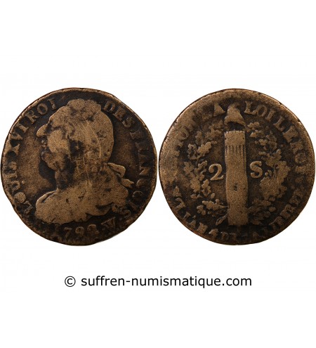 LOUIS XVI, CONSTITUTION - 2 SOLS AU FAISCEAU 1792 W LILLE