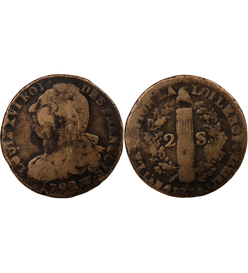 LOUIS XVI, CONSTITUTION - 2 SOLS AU FAISCEAU 1792 W LILLE