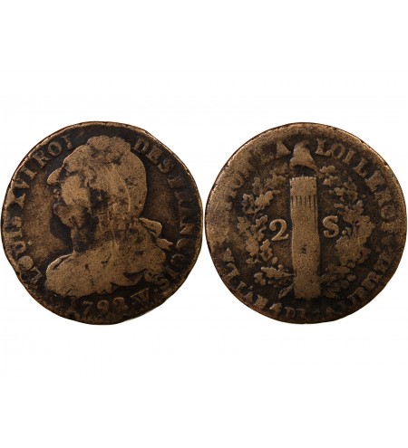 LOUIS XVI, CONSTITUTION - 2 SOLS AU FAISCEAU 1792 W LILLE
