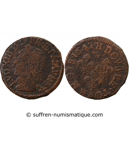 LOUIS XIII - DOUBLE TOURNOIS 1639 H LA ROCHELLE