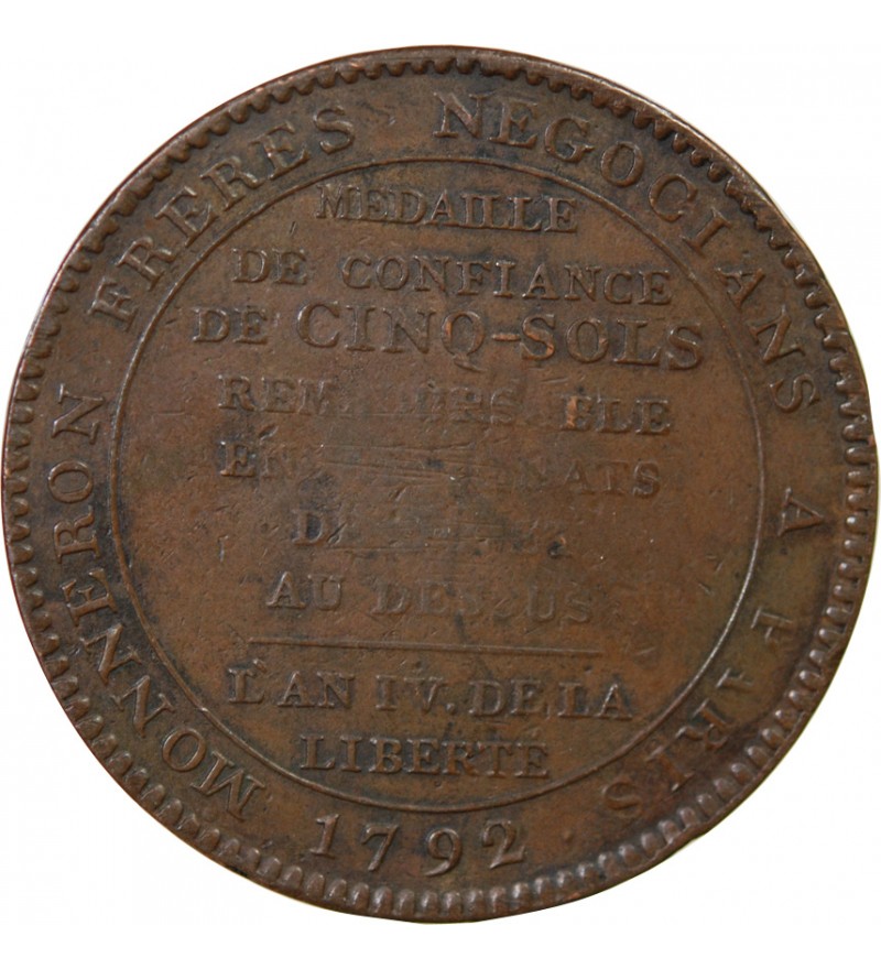MONNAIE DE CONFIANCE - MONNERON 5 SOLS AU SERMENT 1792 L'AN IV