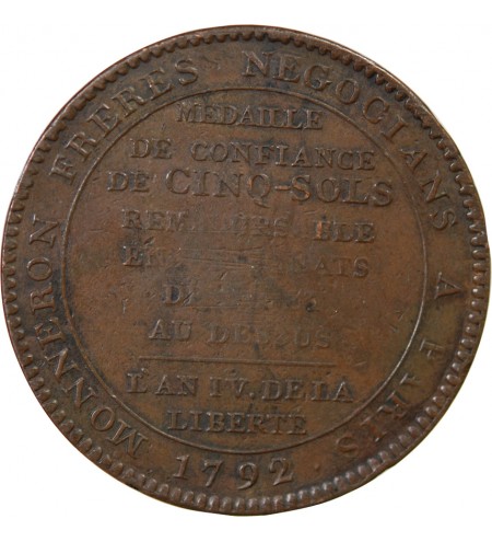 MONNAIE DE CONFIANCE - MONNERON 5 SOLS AU SERMENT 1792 L'AN IV