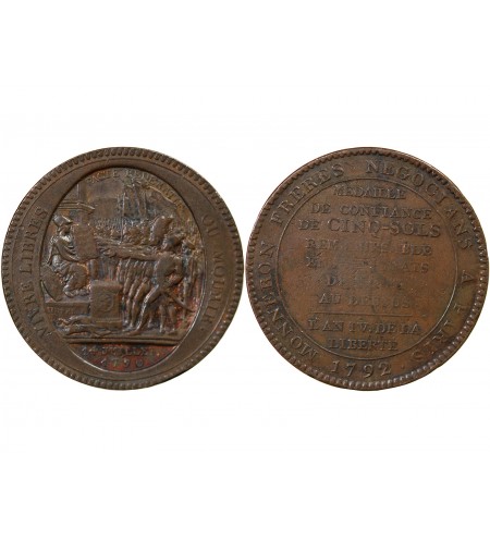 MONNAIE DE CONFIANCE - MONNERON 5 SOLS AU SERMENT 1792 L'AN IV