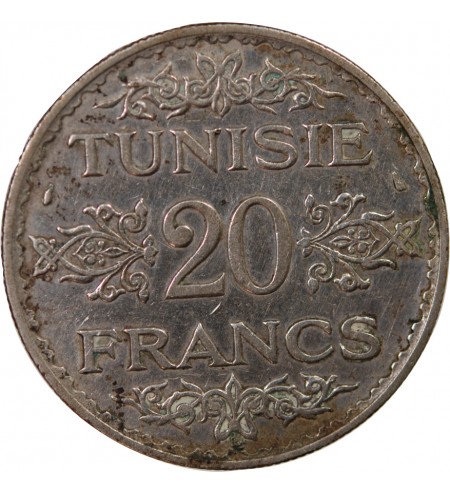 TUNISIE, AHMAD PASHA - 20 FRANCS ARGENT 1353 (1935)