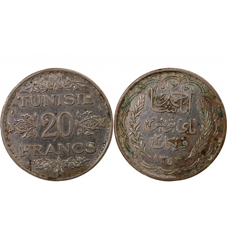 TUNISIE, AHMAD PASHA - 20 FRANCS ARGENT 1353 (1935)