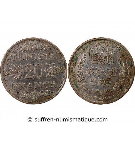TUNISIE, AHMAD PASHA - 20 FRANCS ARGENT 1353 (1935)