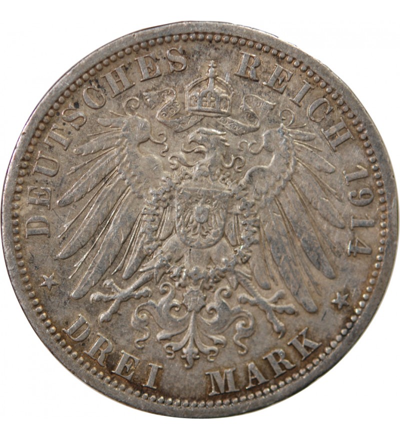 ALLEMAGNE, PRUSSE, WILHELM II - 3 MARK ARGENT 1914 A BERLIN