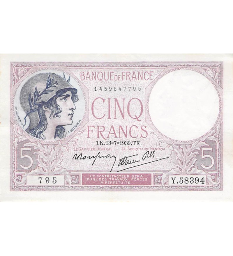 FRANCE - 5 FRANCS VIOLET 13/07/1939 - PSUP
