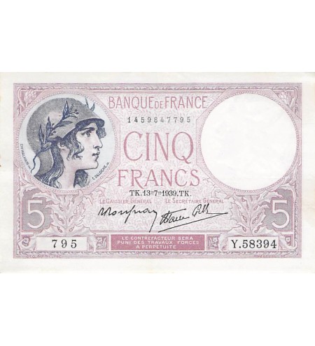 FRANCE - 5 FRANCS VIOLET 13/07/1939 - PSUP