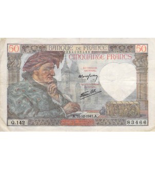 FRANCE, JACQUES COEUR - 50 FRANCS 18/12/1941 - SÉRIE Q.142 - TB+