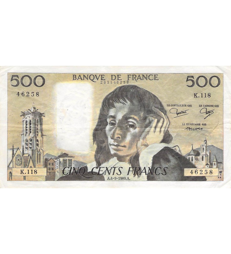FRANCE, PASCAL - 500 FRANCS 04/09/1980 - SÉRIE K.118 - PTTB