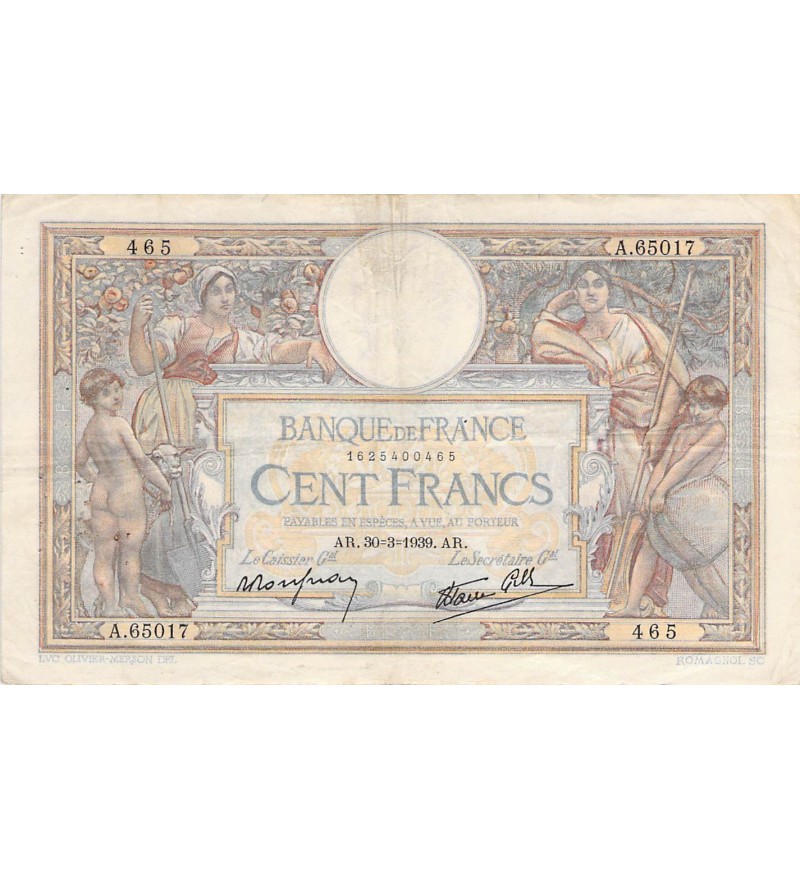 FRANCE, LUC-OLIVIER MERSON - 100 FRANCS 30/03/1939 - PTTB