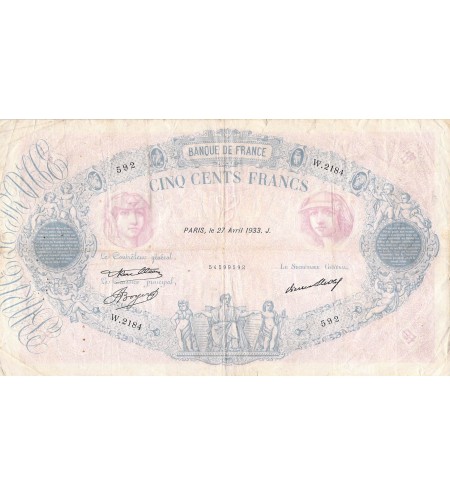 FRANCE - 500 FRANCS BLEU ET ROSE 27/04/1933 - SÉRIE W.2184 - TB