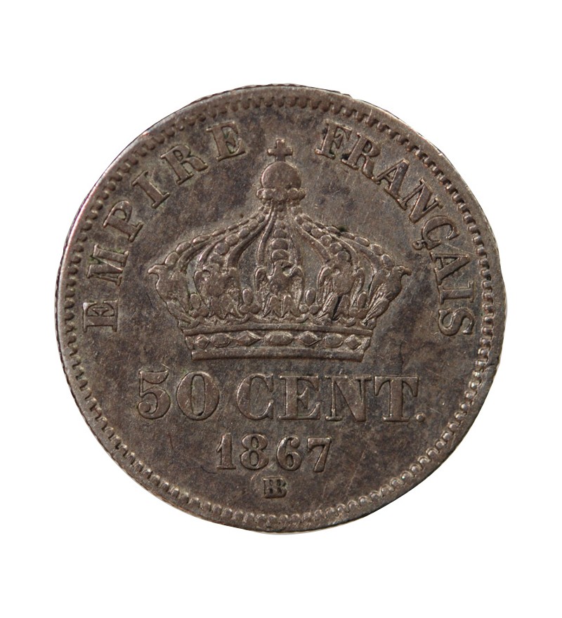 NAPOLEON III, TÊTE LAURÉE - 50 CENTIMES ARGENT 1867 BB STRASBOURG