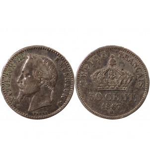 NAPOLEON III, TÊTE LAURÉE - 50 CENTIMES ARGENT 1867 BB STRASBOURG 2