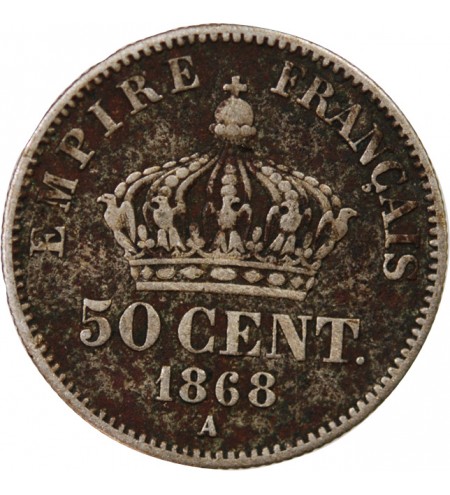 NAPOLEON III, TÊTE LAURÉE - 50 CENTIMES ARGENT 1868 A PARIS