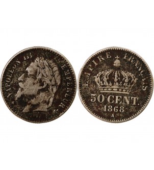 NAPOLEON III, TÊTE LAURÉE - 50 CENTIMES ARGENT 1868 A PARIS 2
