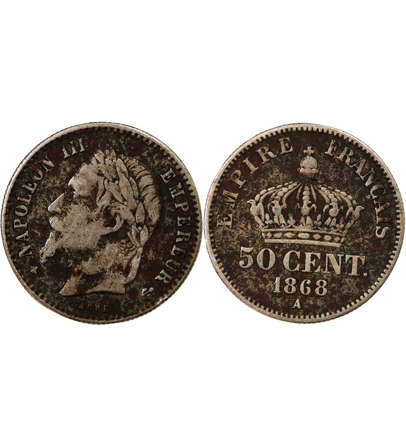 NAPOLEON III, TÊTE LAURÉE - 50 CENTIMES ARGENT 1868 A PARIS