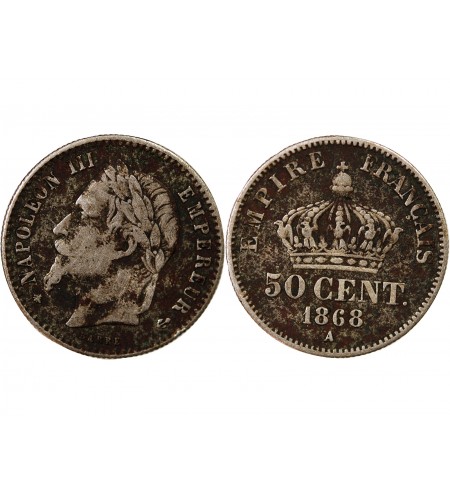 NAPOLEON III, TÊTE LAURÉE - 50 CENTIMES ARGENT 1868 A PARIS