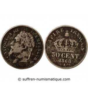 NAPOLEON III, TÊTE LAURÉE - 50 CENTIMES ARGENT 1868 A PARIS