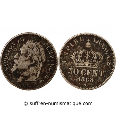 NAPOLEON III, TÊTE LAURÉE - 50 CENTIMES ARGENT 1868 A PARIS