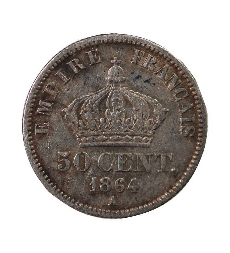 NAPOLEON III, TÊTE LAURÉE - 50 CENTIMES ARGENT 1864 A PARIS