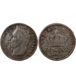 NAPOLEON III, TÊTE LAURÉE - 50 CENTIMES ARGENT 1864 A PARIS 2