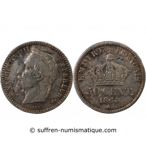 NAPOLEON III, TÊTE LAURÉE - 50 CENTIMES ARGENT 1864 A PARIS