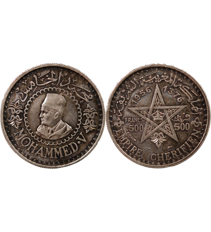 MAROC, MOHAMMED V - 500 FRANCS ARGENT 1376 (1956)