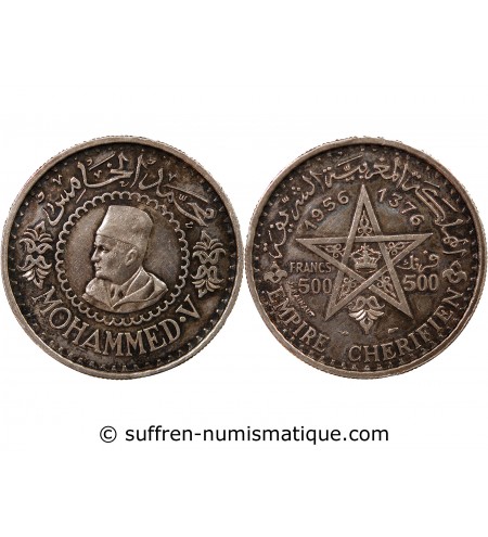 MAROC, MOHAMMED V - 500 FRANCS ARGENT 1376 (1956)