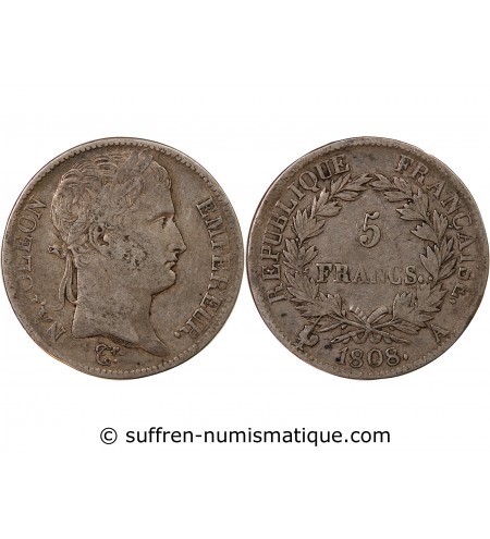NAPOLEON Ier - 5 FRANCS 1808 A PARIS "Type République"﻿﻿