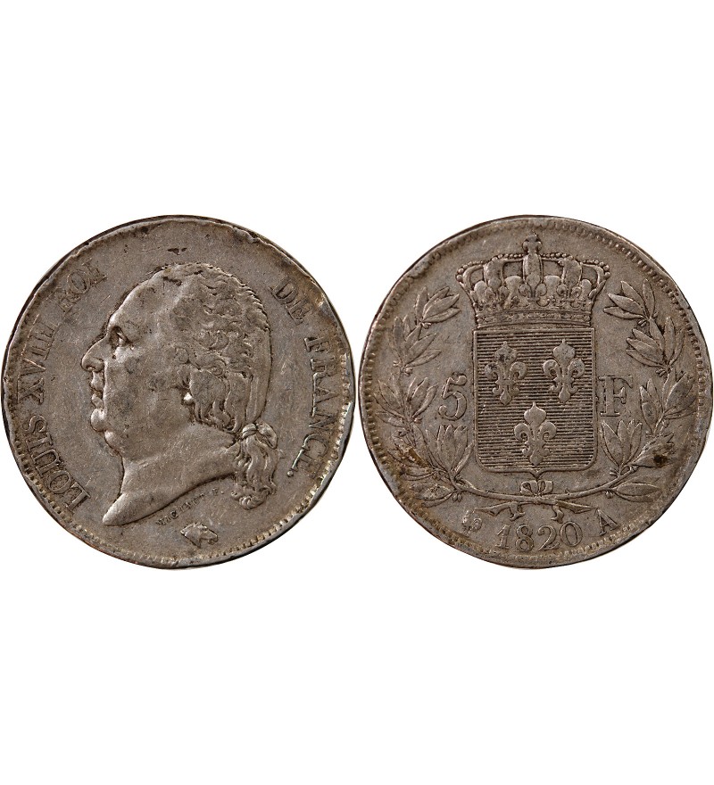 LOUIS XVIII - 5 FRANCS ARGENT 1820 A PARIS