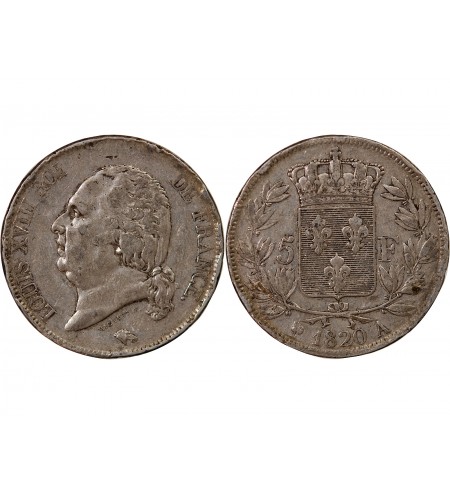 LOUIS XVIII - 5 FRANCS ARGENT 1820 A PARIS