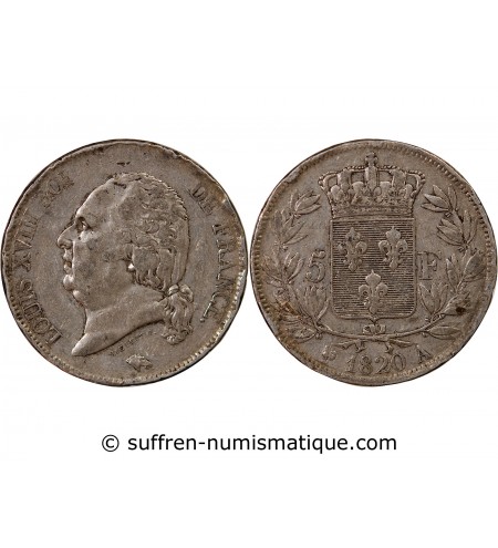 LOUIS XVIII - 5 FRANCS ARGENT 1820 A PARIS