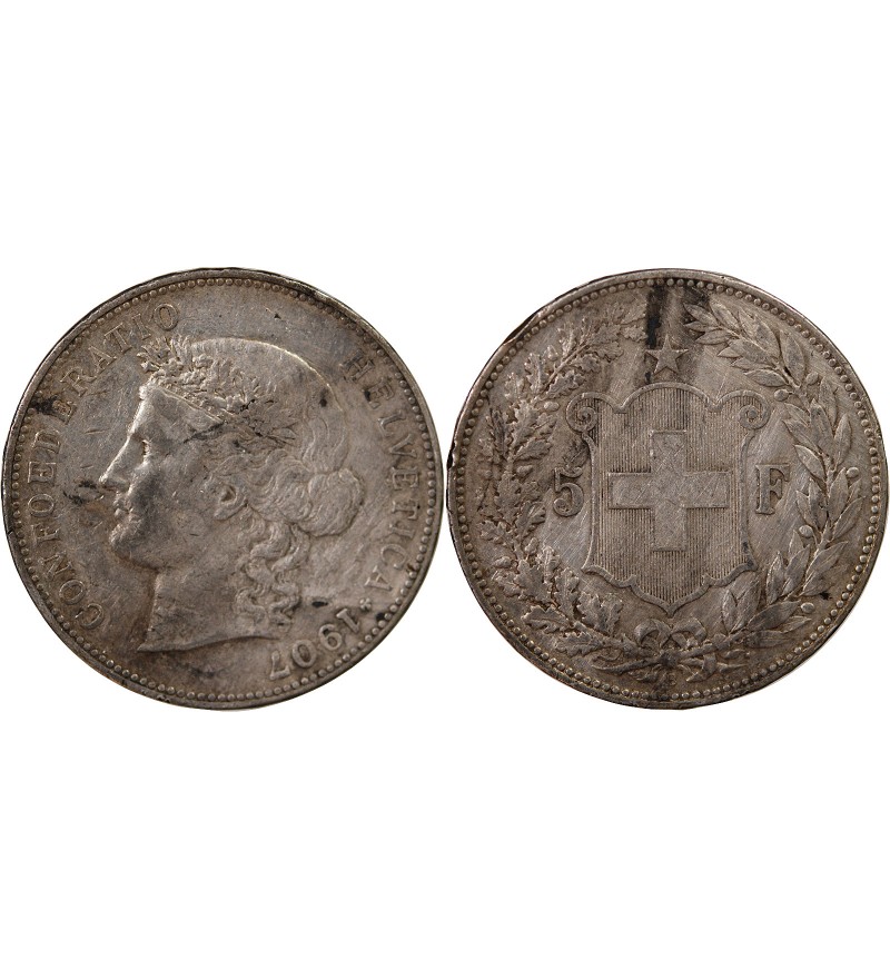 SUISSE, HELVETIA - 5 FRANCS ARGENT 1907 B BERNE