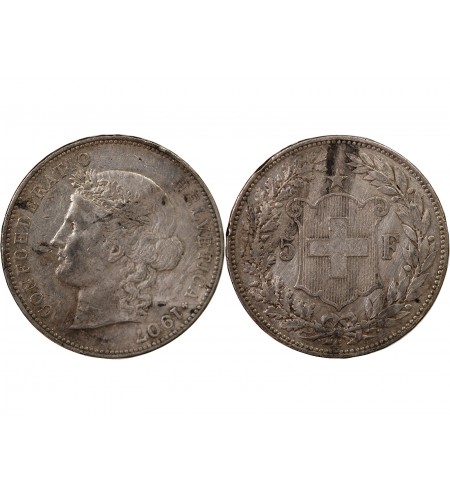 SUISSE, HELVETIA - 5 FRANCS ARGENT 1907 B BERNE