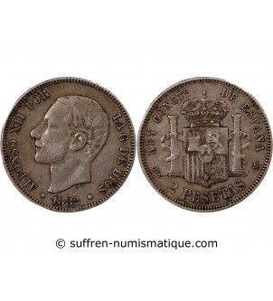 ESPAGNE, ALPHONSE XII - 2 PESETAS ARGENT 1882 MSM