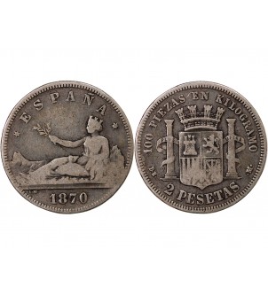 ESPAGNE, GOUVERNEMENT PROVISOIRE - 2 PESETAS ARGENT 1870 DEM 2