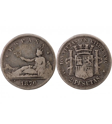 ESPAGNE, GOUVERNEMENT PROVISOIRE - 2 PESETAS ARGENT 1870 DEM